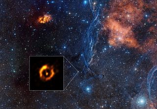 An image shows the dusty disc around the close pair of aging stars IRAS 08544-4431.