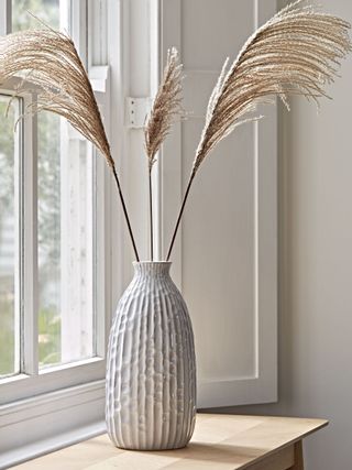 A fluted vase sits in a window sill with pampas grass stems reeded reeding fluting