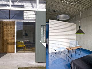 Side by side images of a small courtyard area, leftL looking at the door and glass window. Right: Two white chairs and a small table.