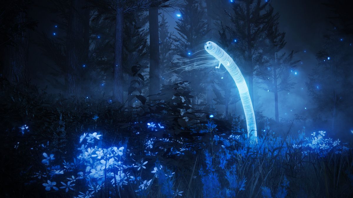 A single blue worm pokes out from the ground in Shadow of the Erdtree.