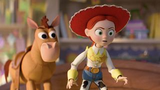Jessie and Bullseye on Bonnie's bed in Toy Story 5
