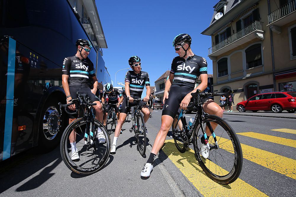 Team Sky riders get ready for a brief training ride on the second rest day of the Tour de France.