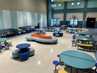 A remodeled empty cafeteria with flexible seating