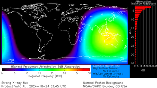 map showing the short wave radio blackouts over the sunlight portion of earth at the time of the x-flare eruption.