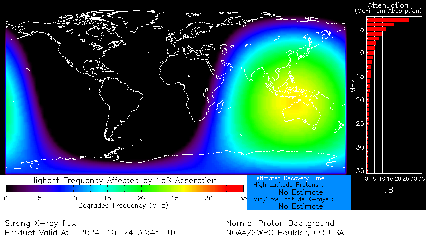 map showing the short wave radio blackouts over the sunlight portion of earth at the time of the x-flare eruption.