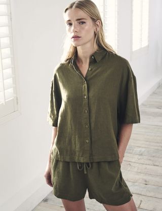Khaki Green Linen-Blend Short Sleeve Jay Shirt