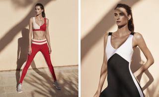 Model wears sports bra and leggings and all in one in red, blue and white