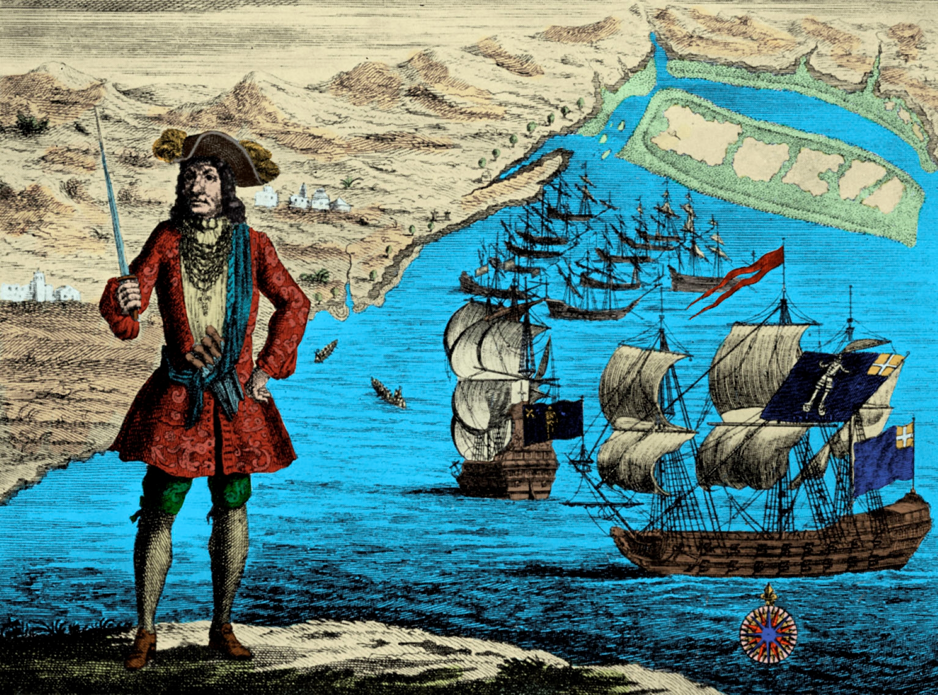 A colorized engraving of Captain Bartholomew Roberts, or Black Bart, on the coast of Guinea.