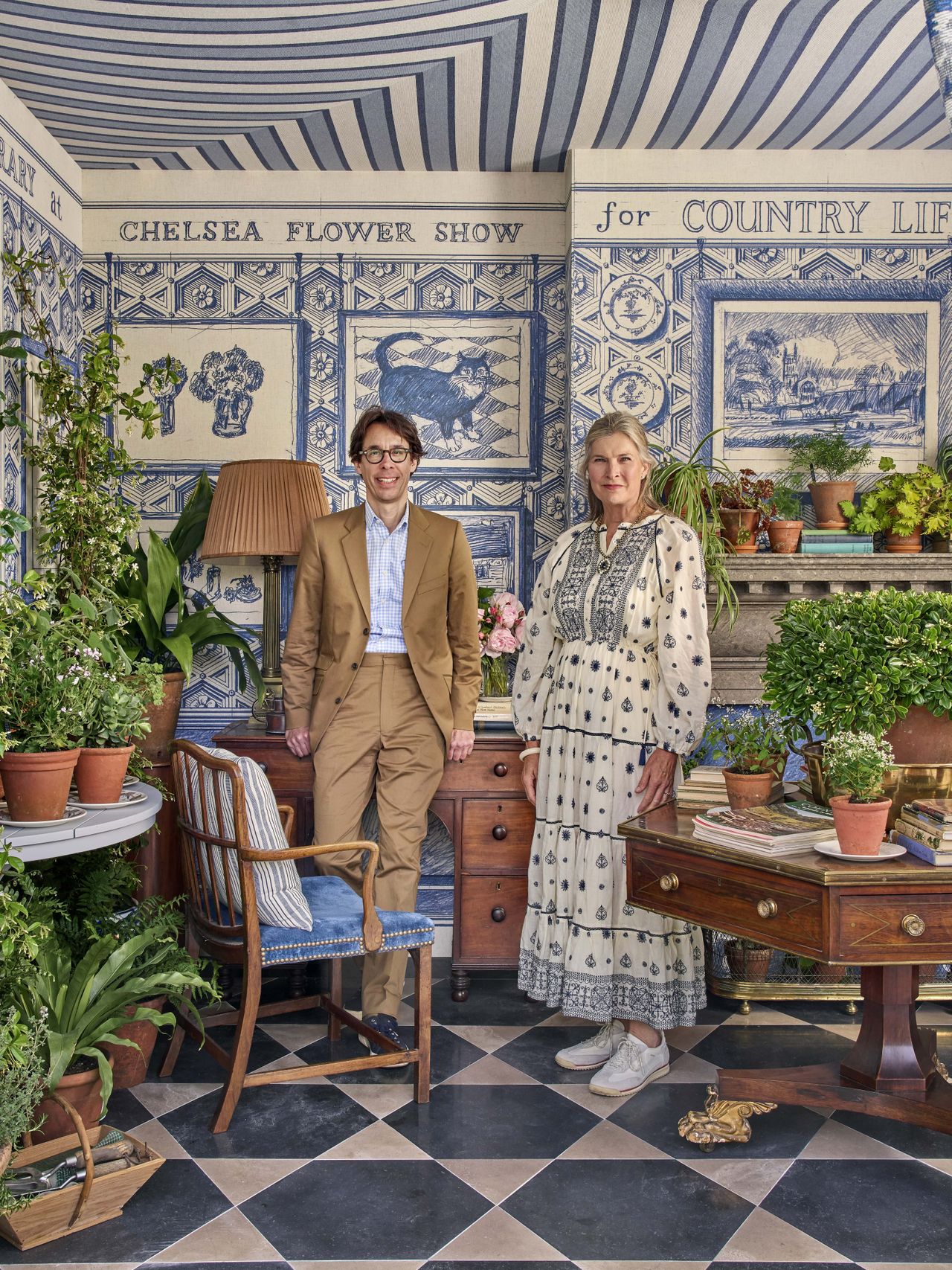 Images of the Garden Lover's Library at RHS Chelsea, showing details of the intricate stonework, books and plants