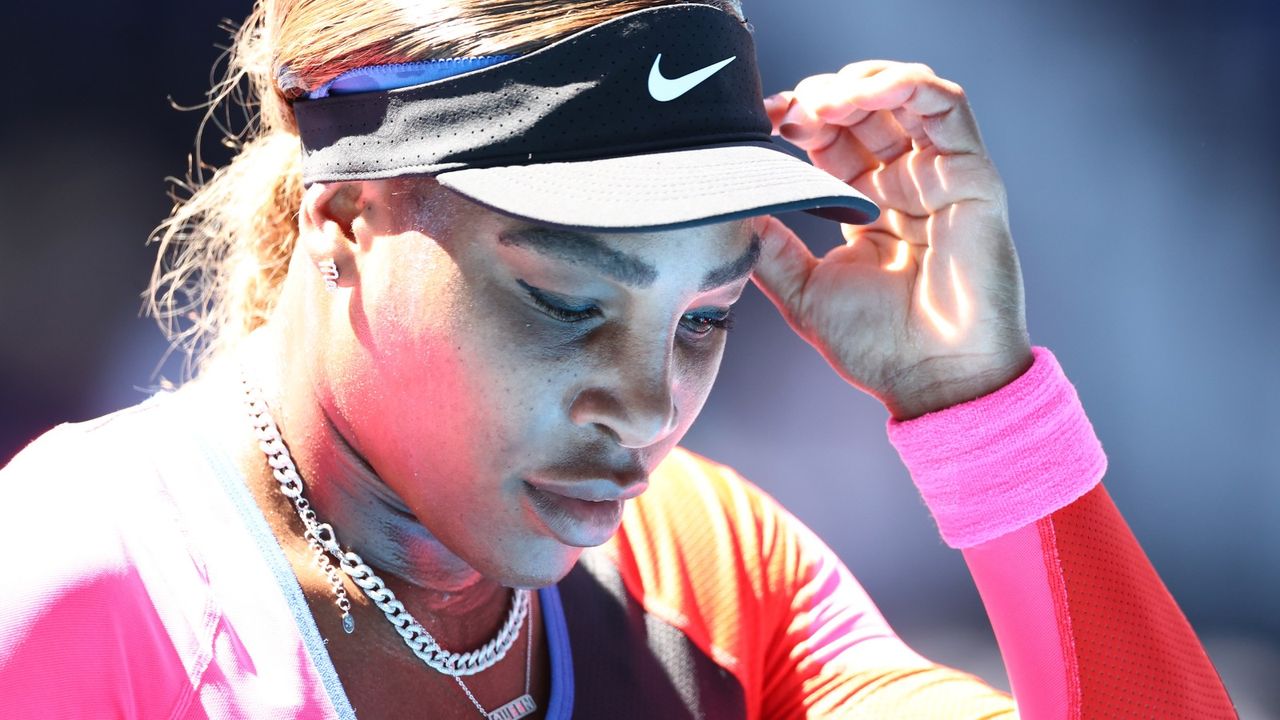 Serena Williams of the United States looks on in her Women’s Singles Semifinals match against Naomi Osaka of Japan during day 11 of the 2021 Australian Open at Melbourne Park on February 18, 2021 in Melbourne, Australia.