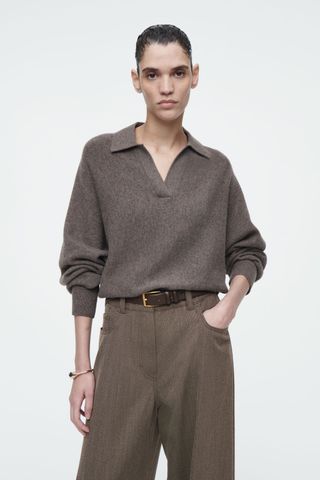 Batwing-Sleeve Wool Polo Sweater