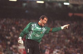 Andoni Zubizarreta gestures during a game for Valencia in 1996.