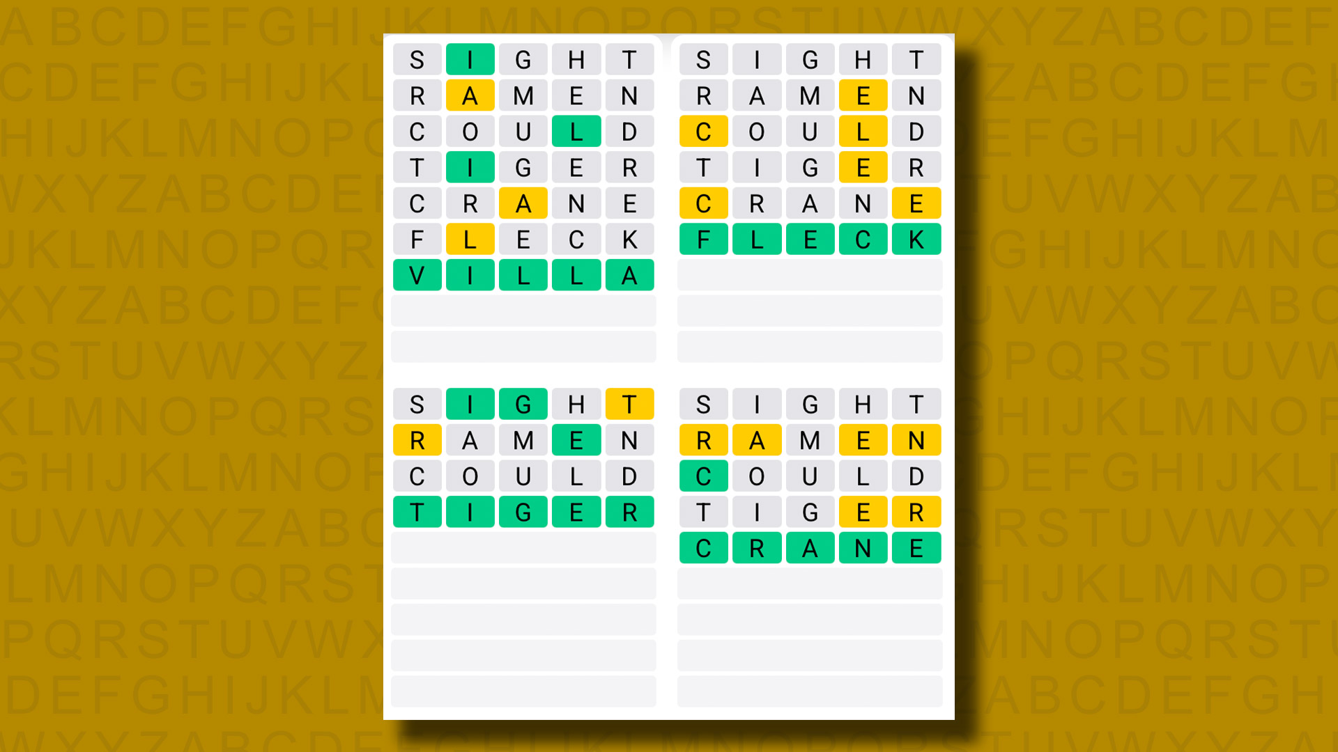 Quordle answers for game 1268 on a yellow background