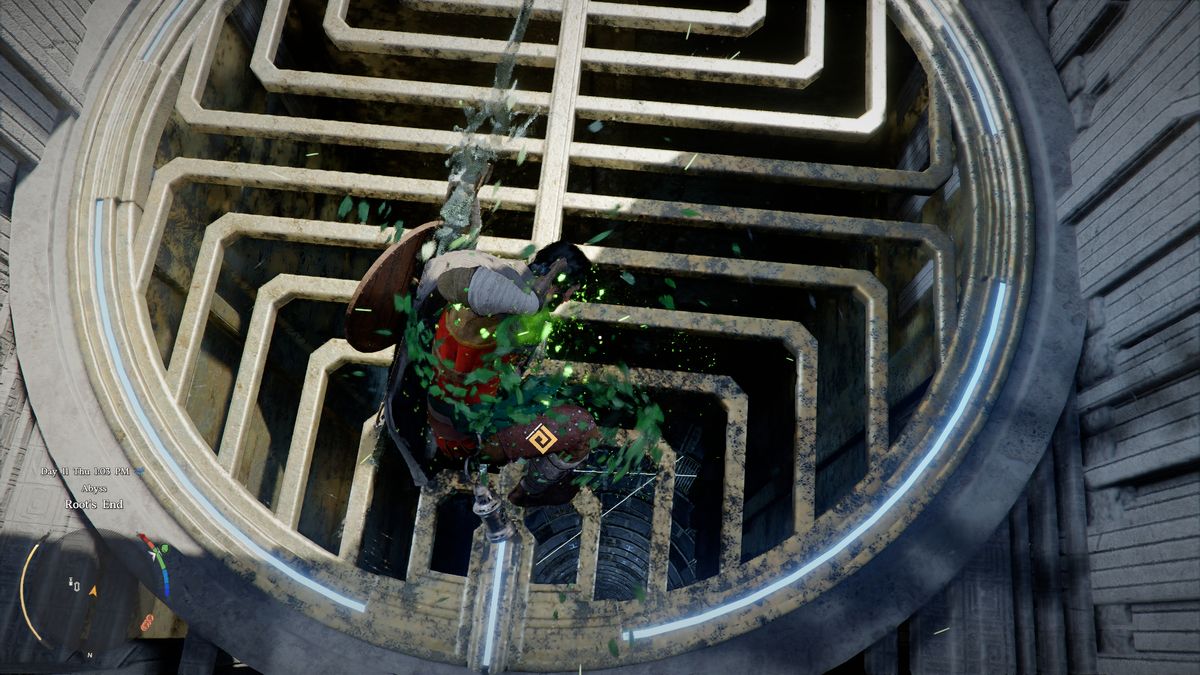 Crimson Desert Root's End: Kliff crouched on a grate above a chute, about to use Force Palm.