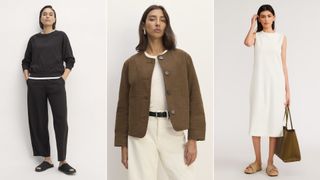 Three models wearing different outfits from American clothing brand Everlane