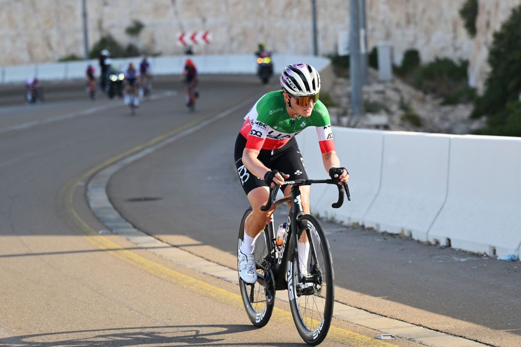 JEBEL HAFEET UNITED ARAB EMIRATES FEBRUARY 08 Elisa Longo Borghini of Italy and UAE Team ADQ attacks in the breakaway during the 3rd UAE Tour Women Stage 3 a 152km stage from Al Ain Qasr Al Muwaiji to Jebel Hafeet 1031m UCIWWT on February 08 2025 in Jebel Hafeet United Arab Emirates Photo by Tim de WaeleGetty Images