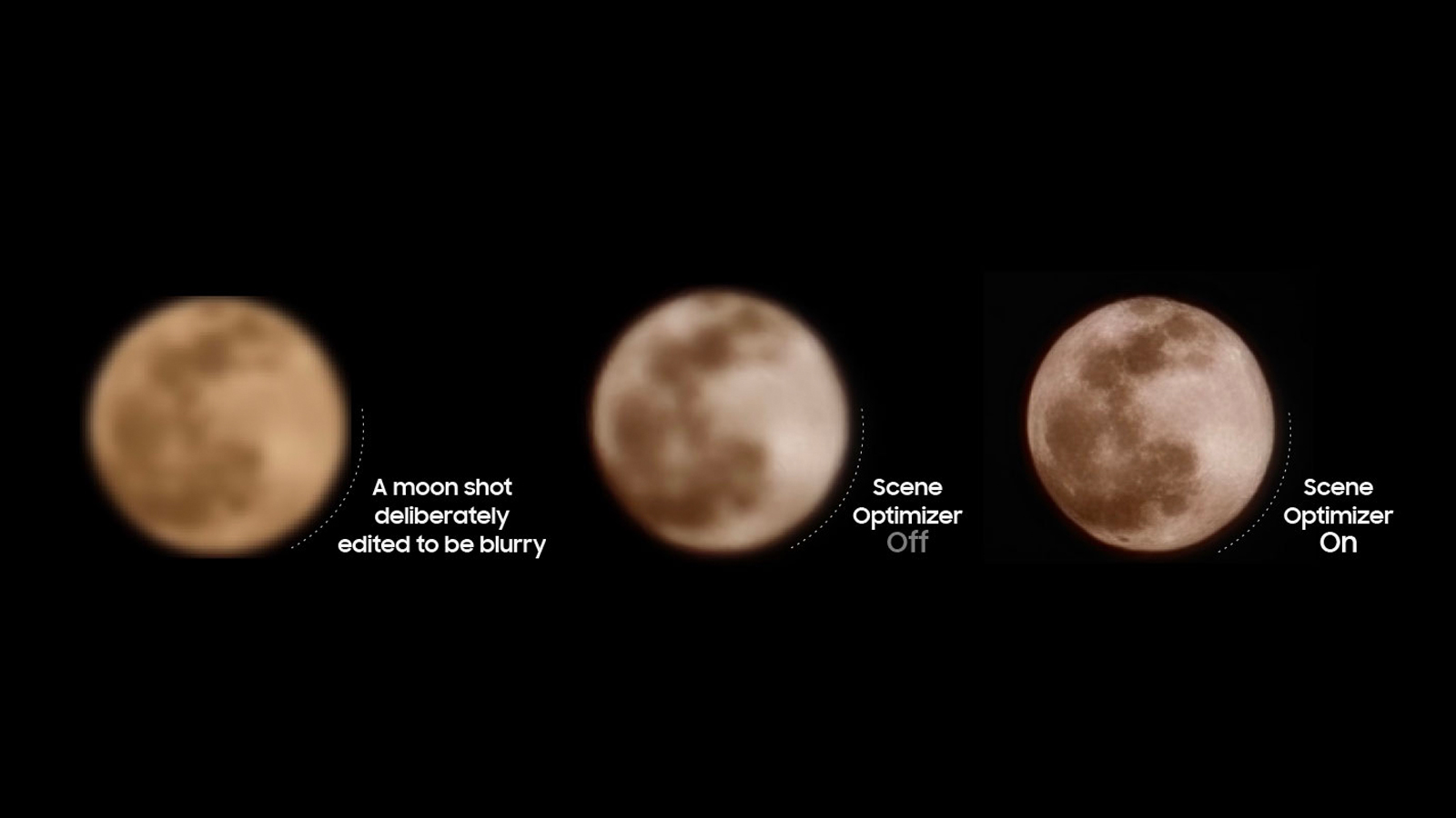 Drei Mondfotos in verschiedenen Verarbeitungsstadien mit der Scene Optimizer-Technologie von Samsung