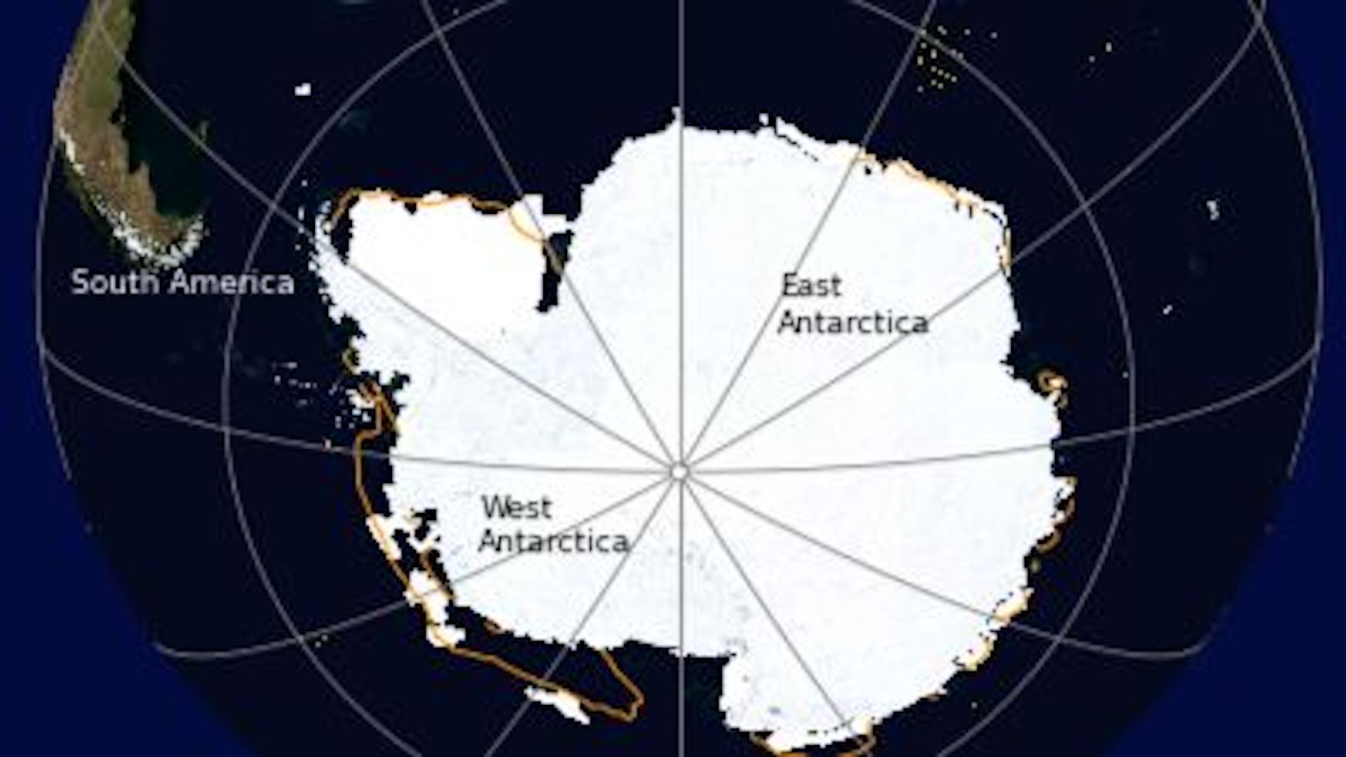 A diagram of Antarctica's sea ice coverage using data collected by satellites on Feb. 21. The yellow line represents the median edge of sea ice between 1981 and 2010.