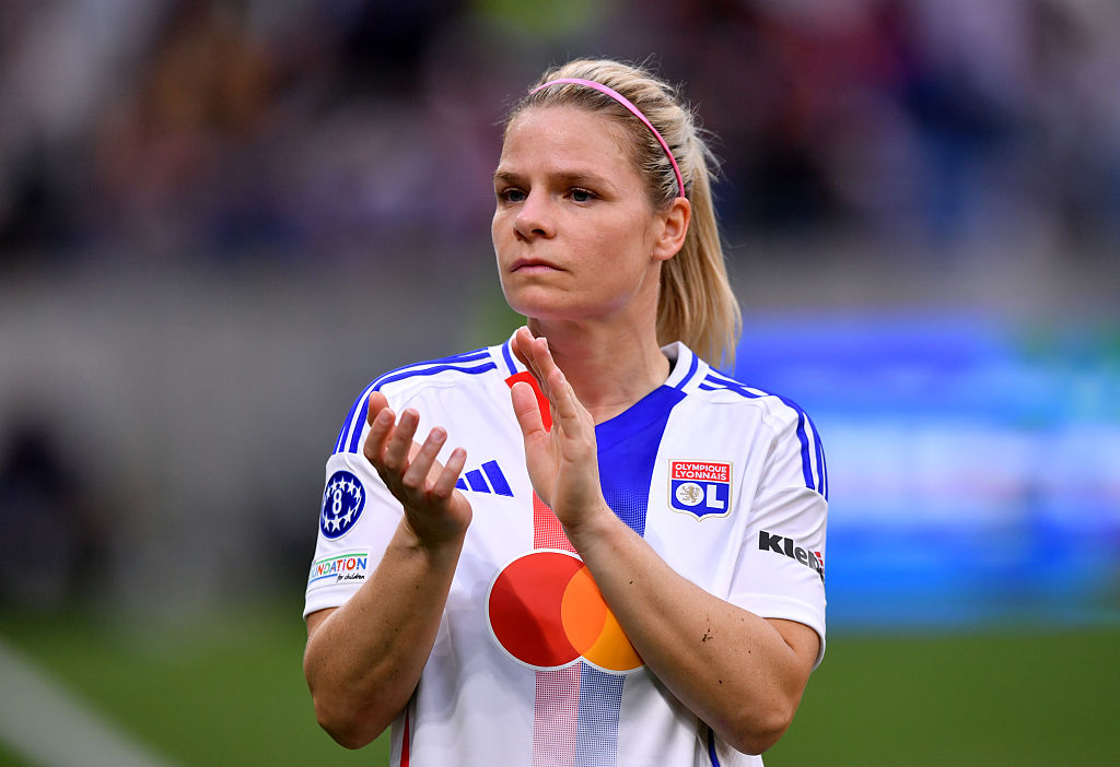  Eugenie Le Sommer of Olympique Lyonnais applauds the fans following defeat in the UEFA Women's Champions League semifinal second leg match between Olympique Lyonnais and Arsenal WFC at OL Stadium on April 27, 2025 in Decines-Charpieu, France. 