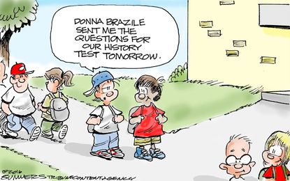 Political cartoon U.S. 2016 election Hillary Clinton Donna Brazile question