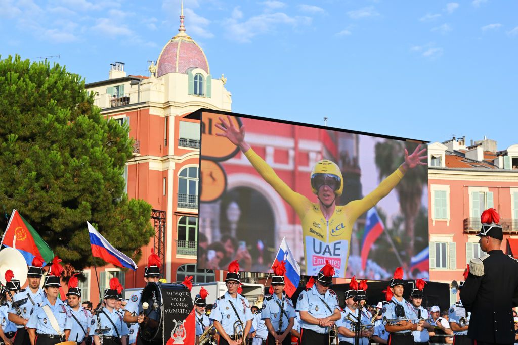 NICE FRANCE JULY 21 Stage and overall race winner Tadej Pogacar of Slovenia and UAE Team Emirates Yellow Leader Jersey on screen crosses the finish line during the 111th Tour de France 2024 Stage 21 a 337km individual time trial from Monaco to Nice UCIWT on July 21 2024 in Nice France Photo by Tim de WaeleGetty Images