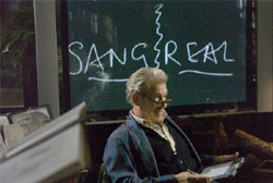 Ian McKellan smirks at the church