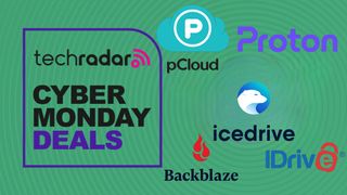 cloud storage logos over a green background with techradar's cyber monday templaye