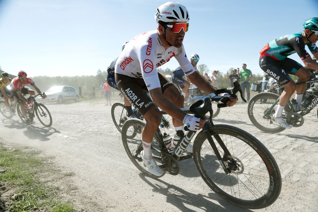 Greg Van Avermaet riding over cobbles at 2022 Paris-Roubaix