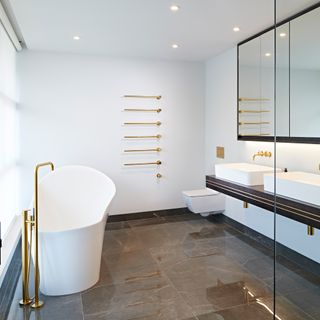 bathroom with brass fitting and mirror