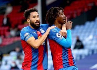 Eberechi Eze (right) celebrated his first goal for Crystal Palace with a fine free-kick
