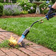  A hand using a flame weeder to burn weeds growing out of a brick walkway