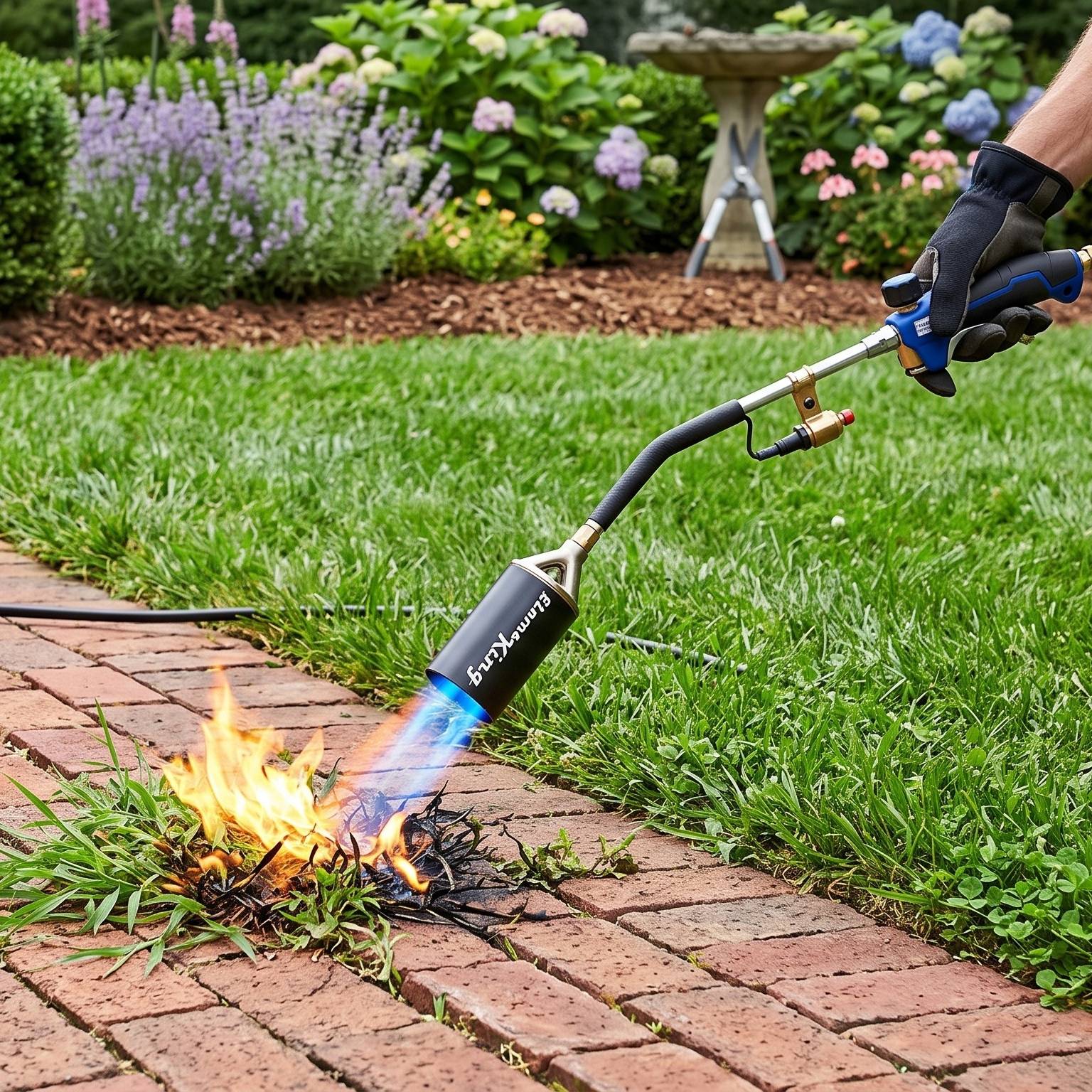  A hand using a flame weeder to burn weeds growing out of a brick walkway