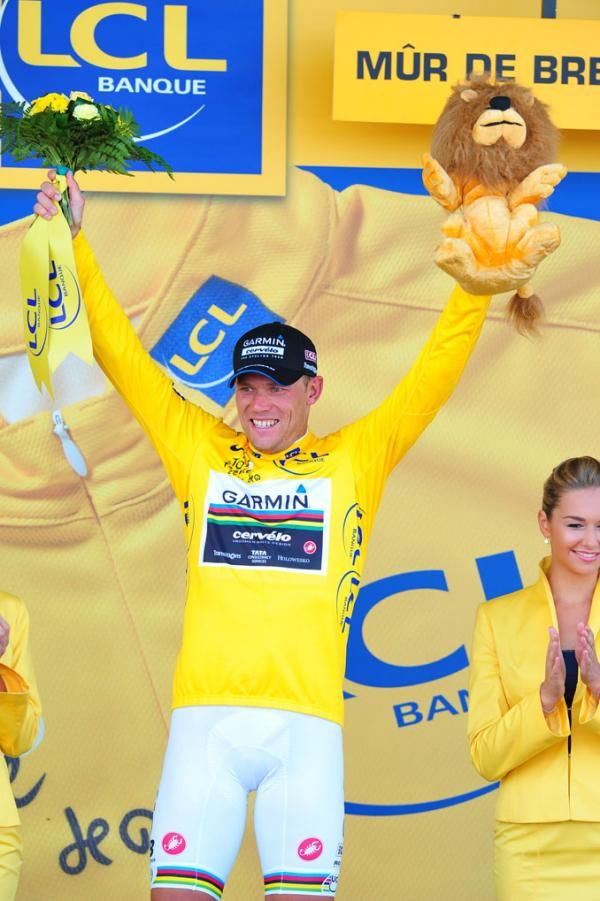 Thor Hushovd (Garmin-Cervelo) celebrates on the podium.