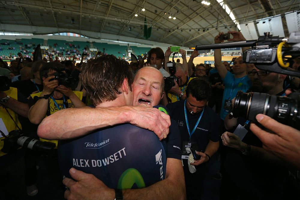 Alex Dowsett (Movistar) gets a hug from his father Phil after setting a new UCI Hour Record