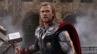 Thor holding Mjolnir during the Battle of New York in The Avengers