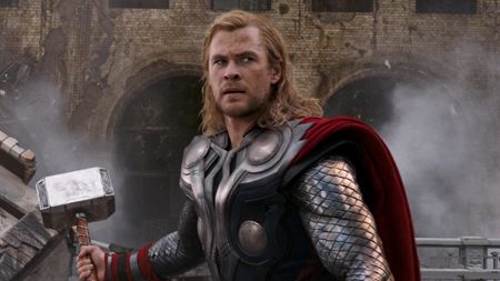 Thor holding Mjolnir during the Battle of New York in The Avengers