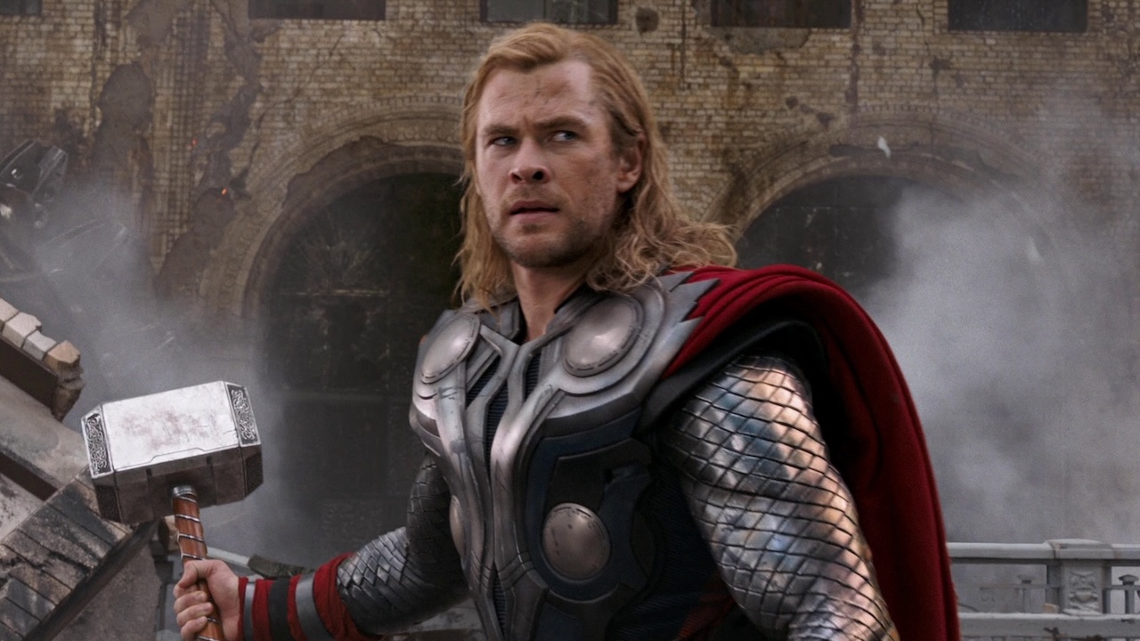 Thor holding Mjolnir during the Battle of New York in The Avengers