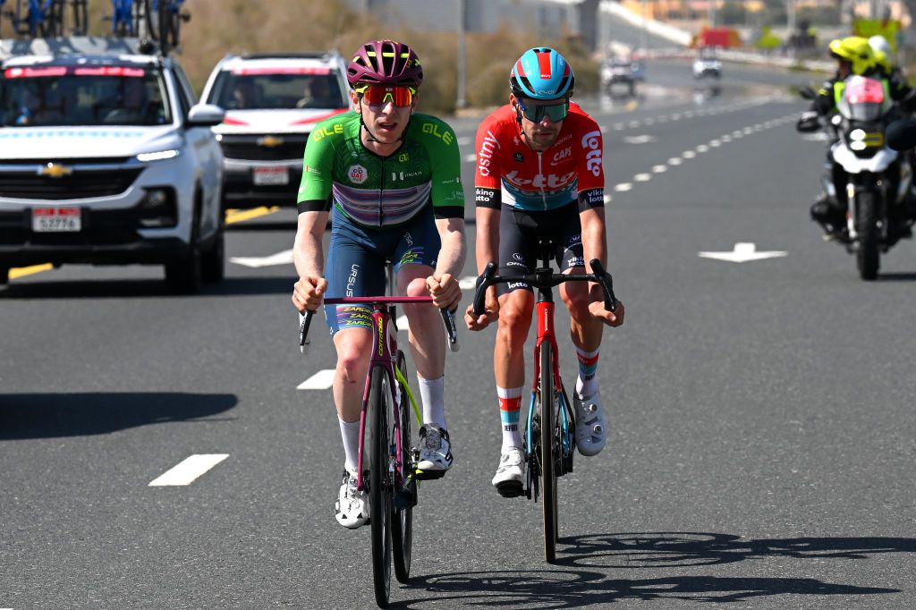 DUBAI HARBOUR DUBAI UNITED ARAB EMIRATES FEBRUARY 22 LR Mark Stewart of Great Britain and Team CorratecVini Fantini Green Points Jersey Harm Vanhoucke of Belgium and Team Lotto Dstny compete in the breakaway during the 6th UAE Tour 2024 Stage 4 a 168km stage from Dubai Police Officers Club to Dubai Harbour UCIWT on February 22 2024 in Dubai United Arab Emirates Photo by Tim de WaeleGetty Images