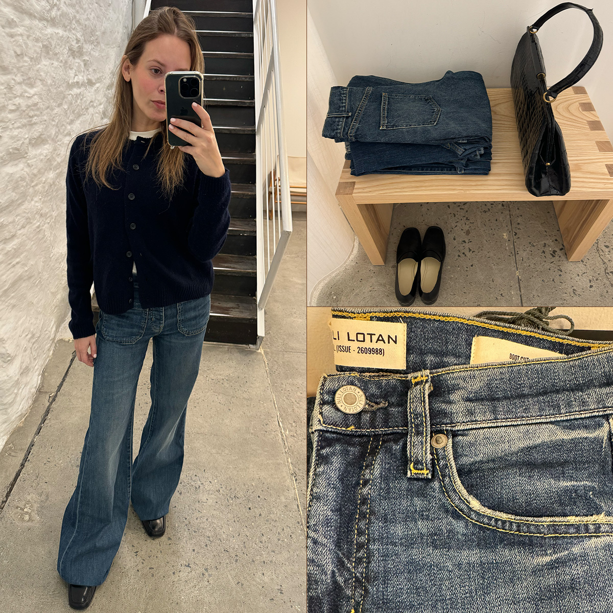 Nikki chwatt tries on nili lotan jeans at the tribeca nyc store.