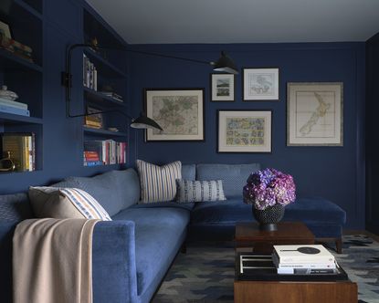 dark blue living room with grey couch
