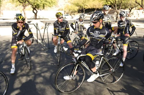 Trek-Livestrong's riders take part in a common training camp activity: waiting to get started.