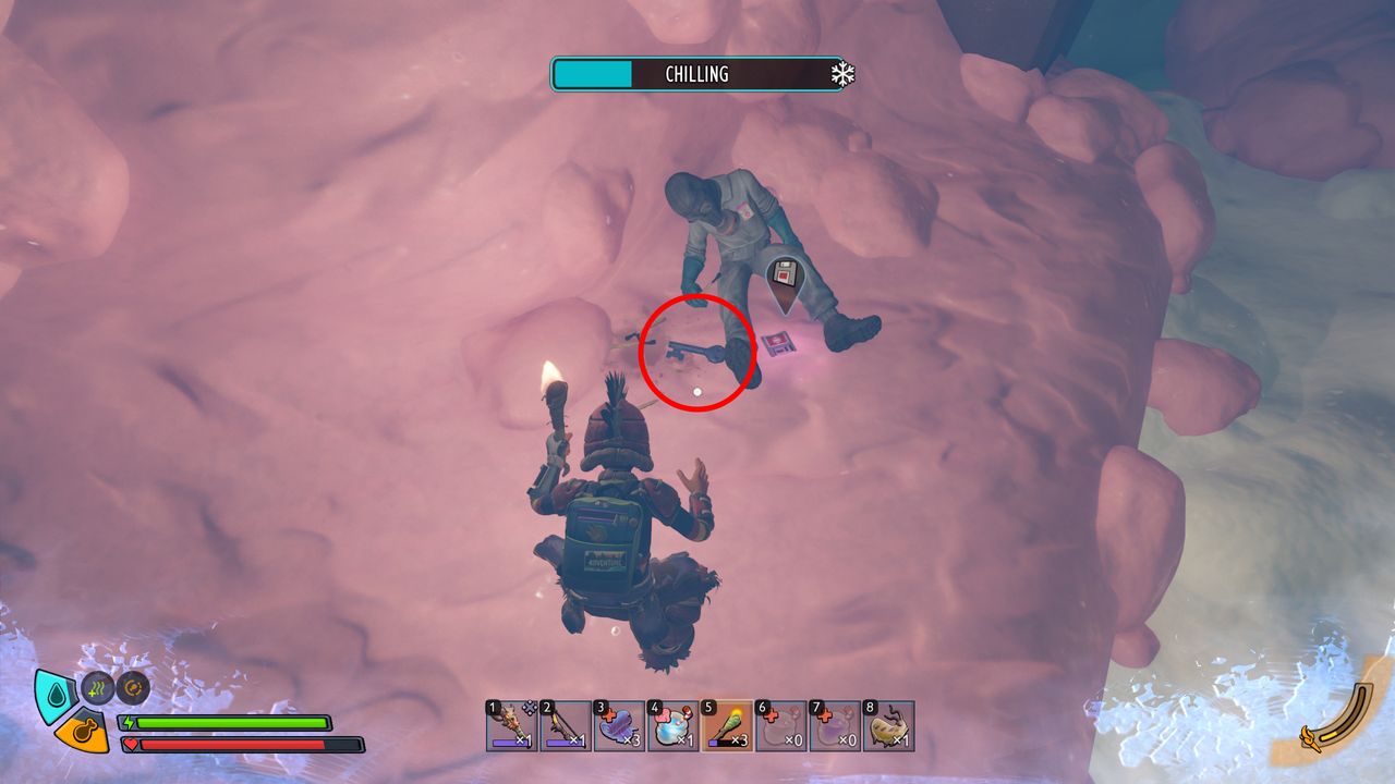 Grounded 2 Frostbitten Key: A red circle highlighting a key on the ground next to a corpse.