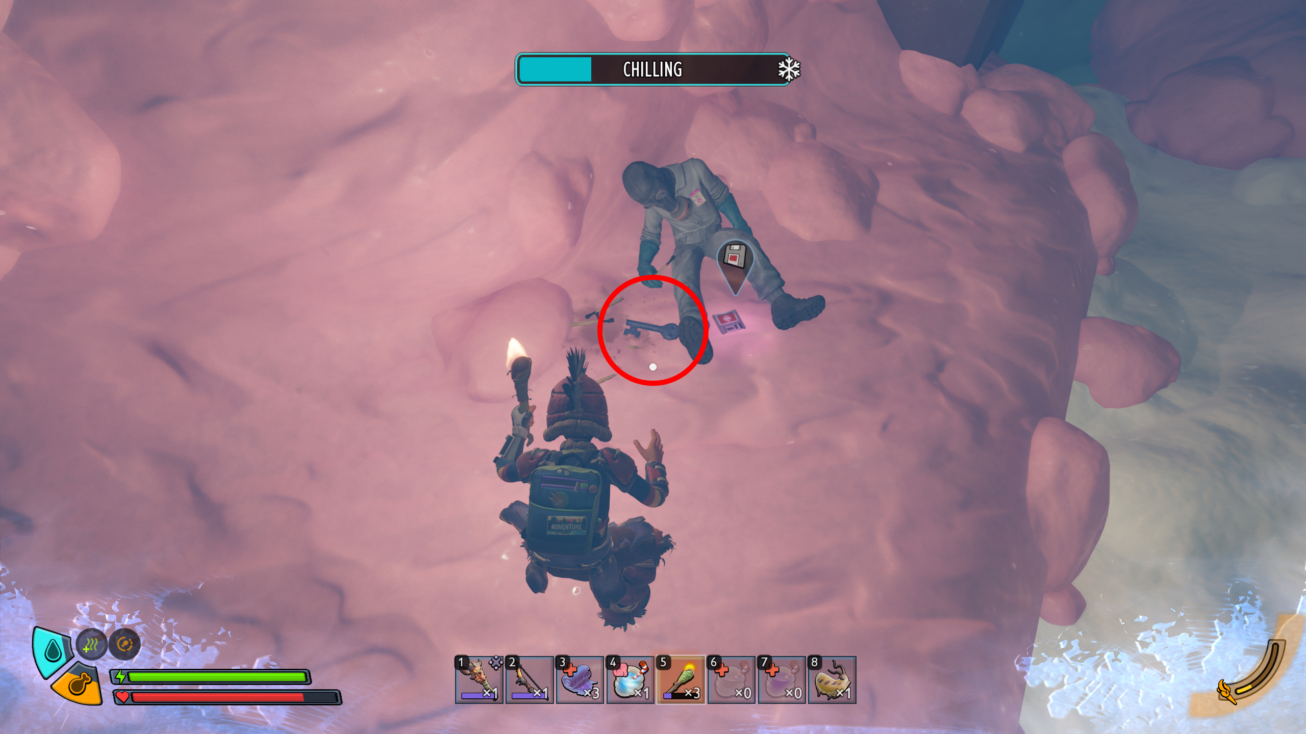 Grounded 2 Frostbitten Key: A red circle highlighting a key on the ground next to a corpse.