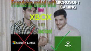 Two men shake hands in front of a curtain. Text reads "Friendship ended with MICROSOFT GAMING. Now XBOX is my best friend." Microsoft is crossed out; Xbox is checked.