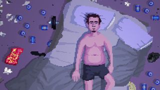 A man lying on the floor littered with empty beer cans