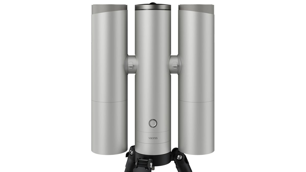 A front view of the Vaonis Atlas on a small black tripod, with two Atlas 80 optical tubes attached, against a white background.