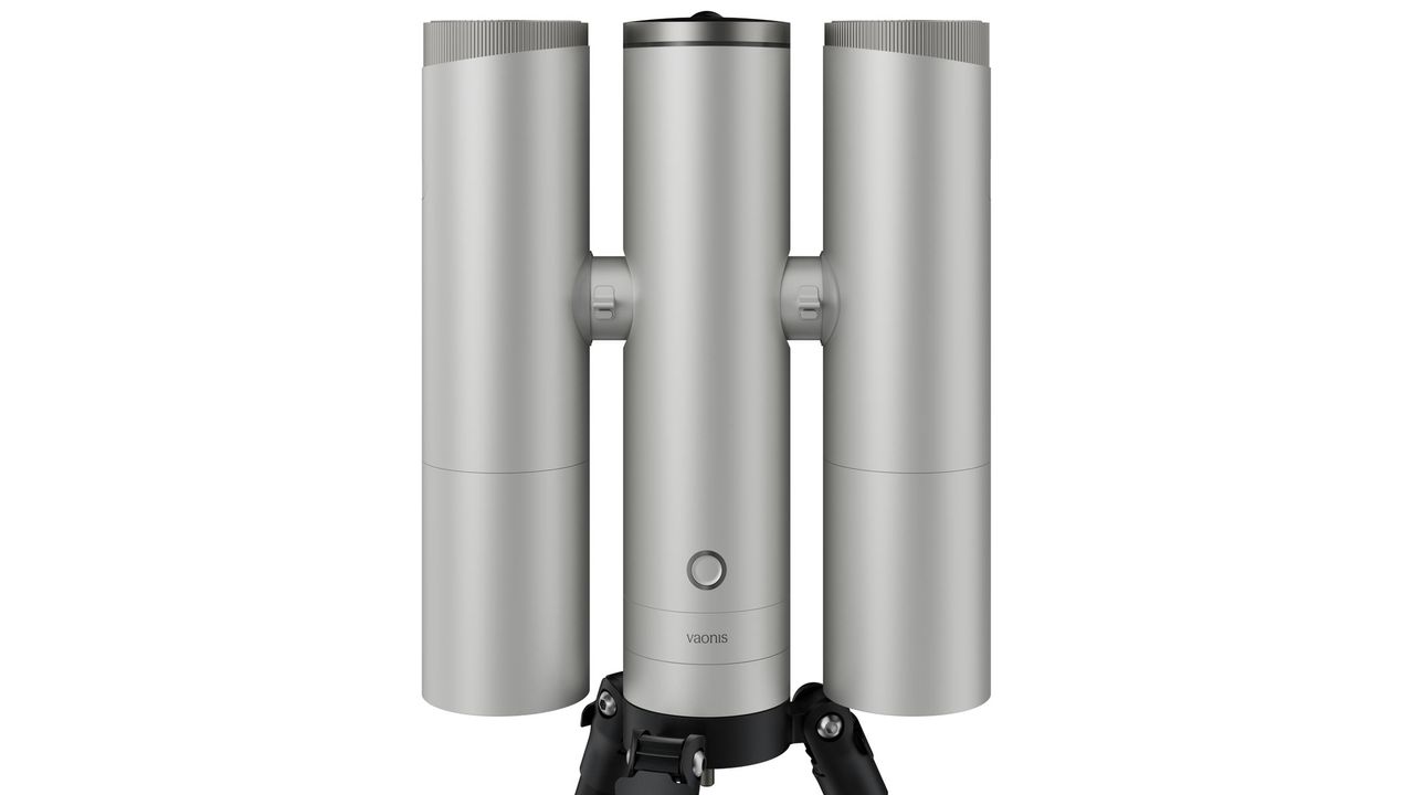 A front view of the Vaonis Atlas on a small black tripod, with two Atlas 80 optical tubes attached, against a white background.