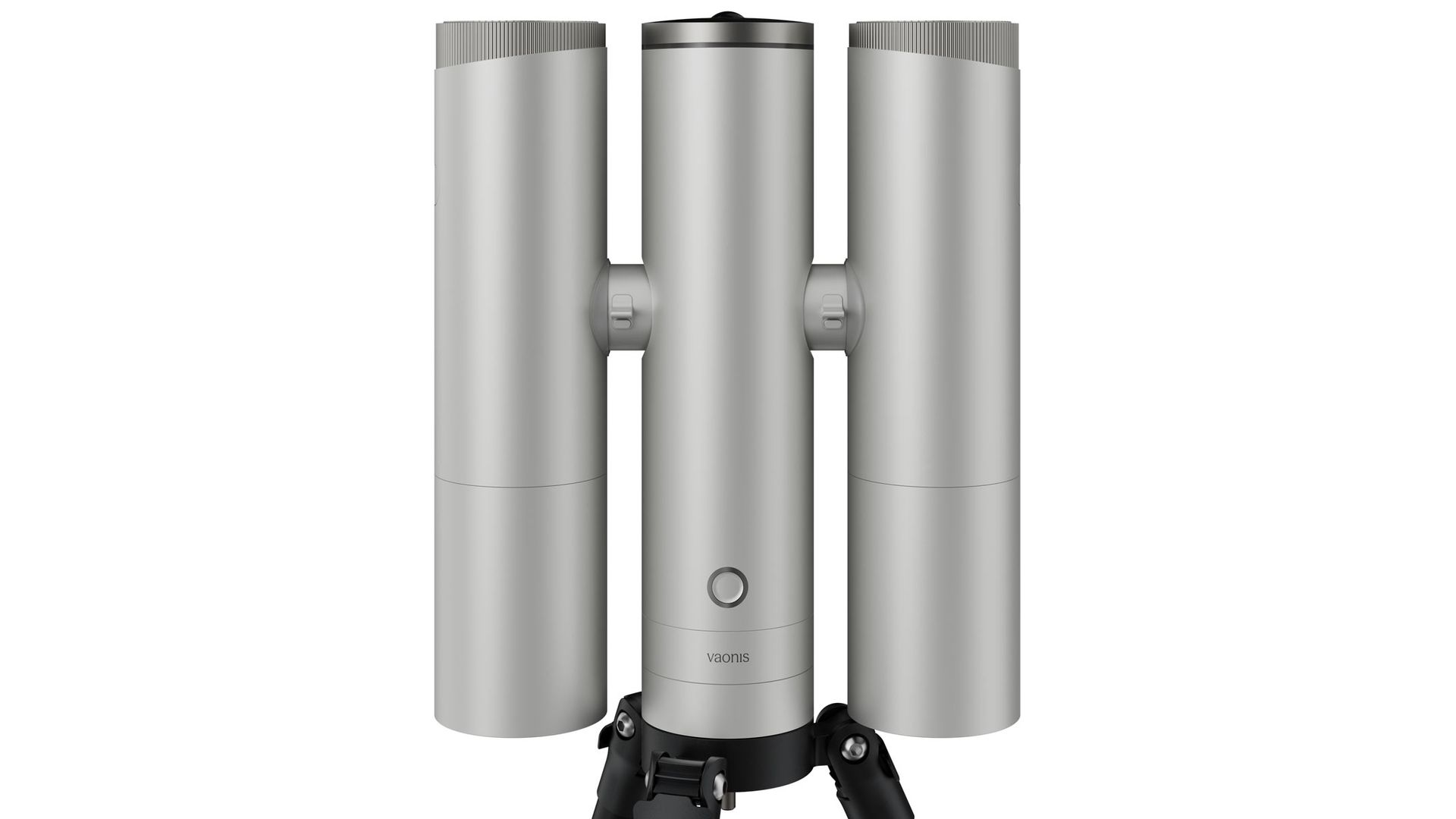 A front view of the Vaonis Atlas on a small black tripod, with two Atlas 80 optical tubes attached, against a white background.
