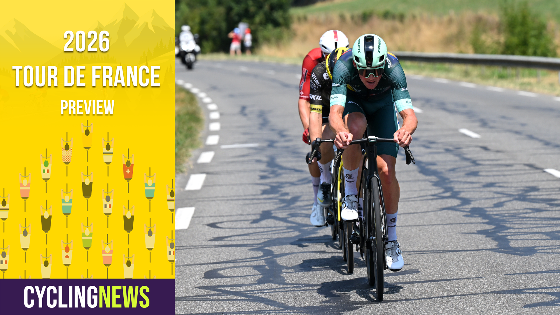 Head-on shot of Mads Pedersen in a breakaway during the Tour de France, overlaid with TDF banner