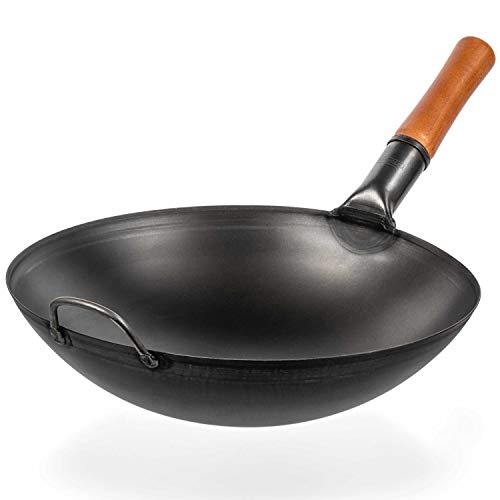 Yosukata Carbon Steel Woks and Stir Fry Pans 14 in With Round Bottom - Traditional Chinese Japanese Pow Wok - Black Steel Pan